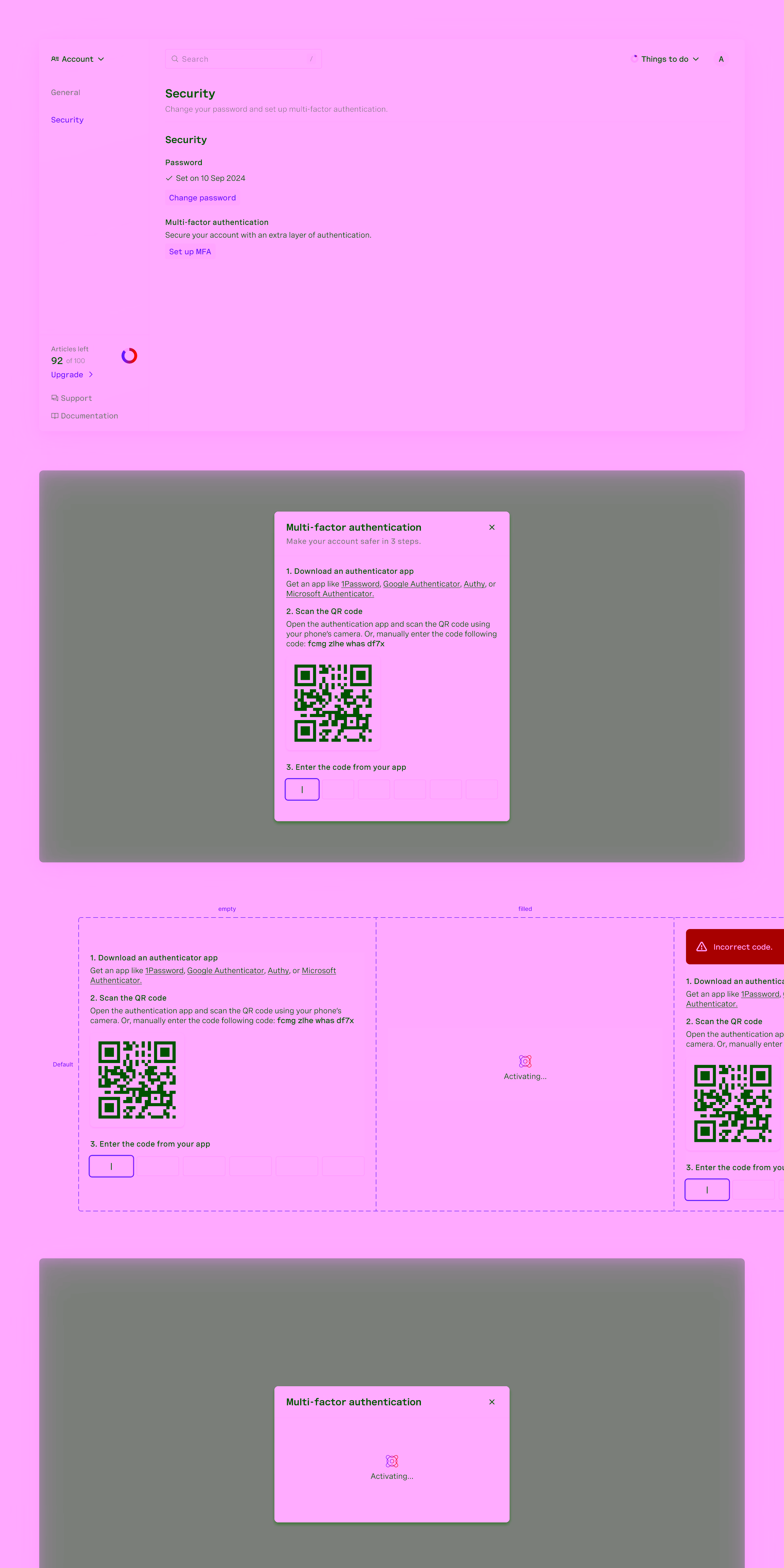 Security settings interface