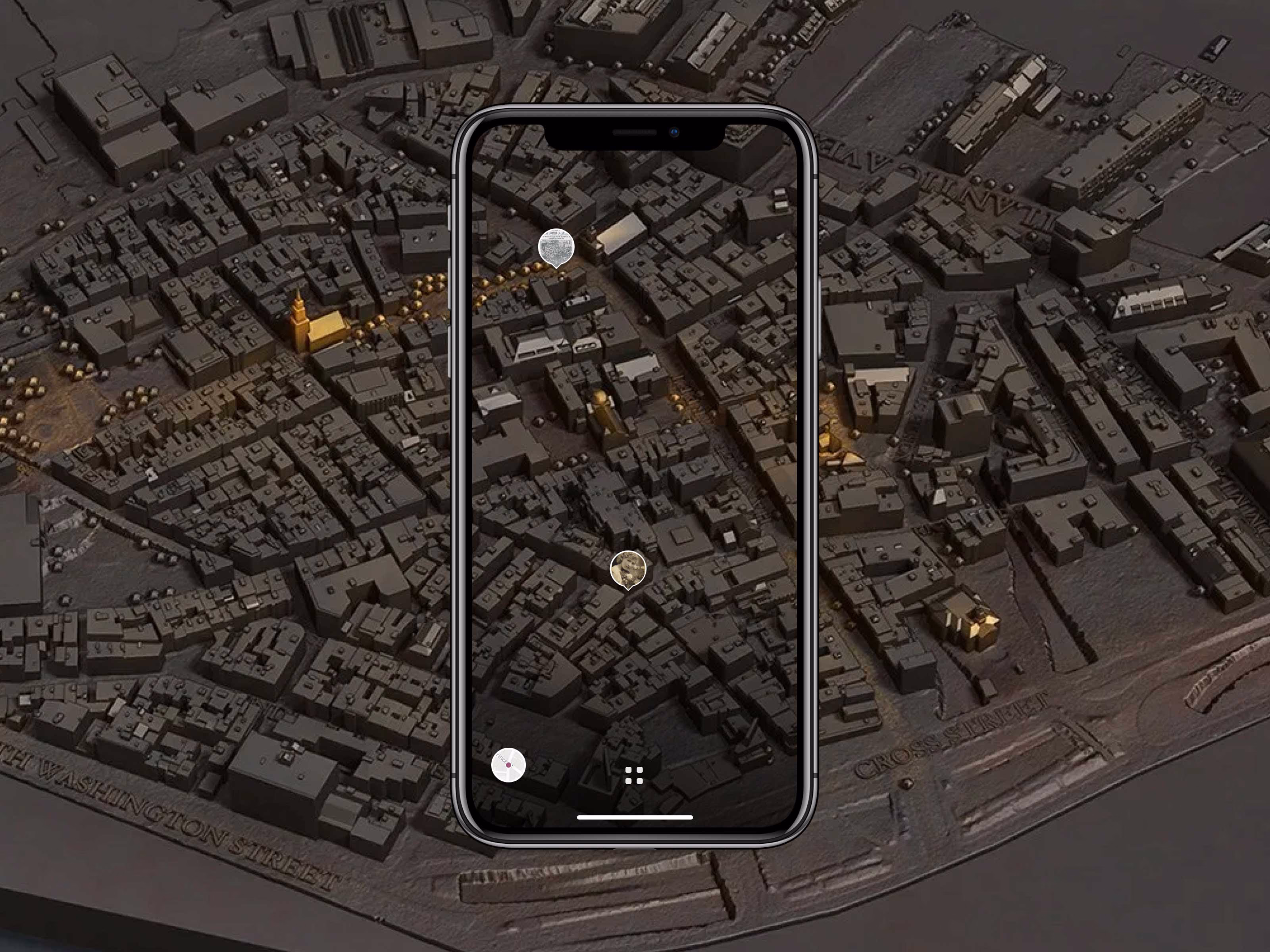 AR story pins overlaid on the physical plaque