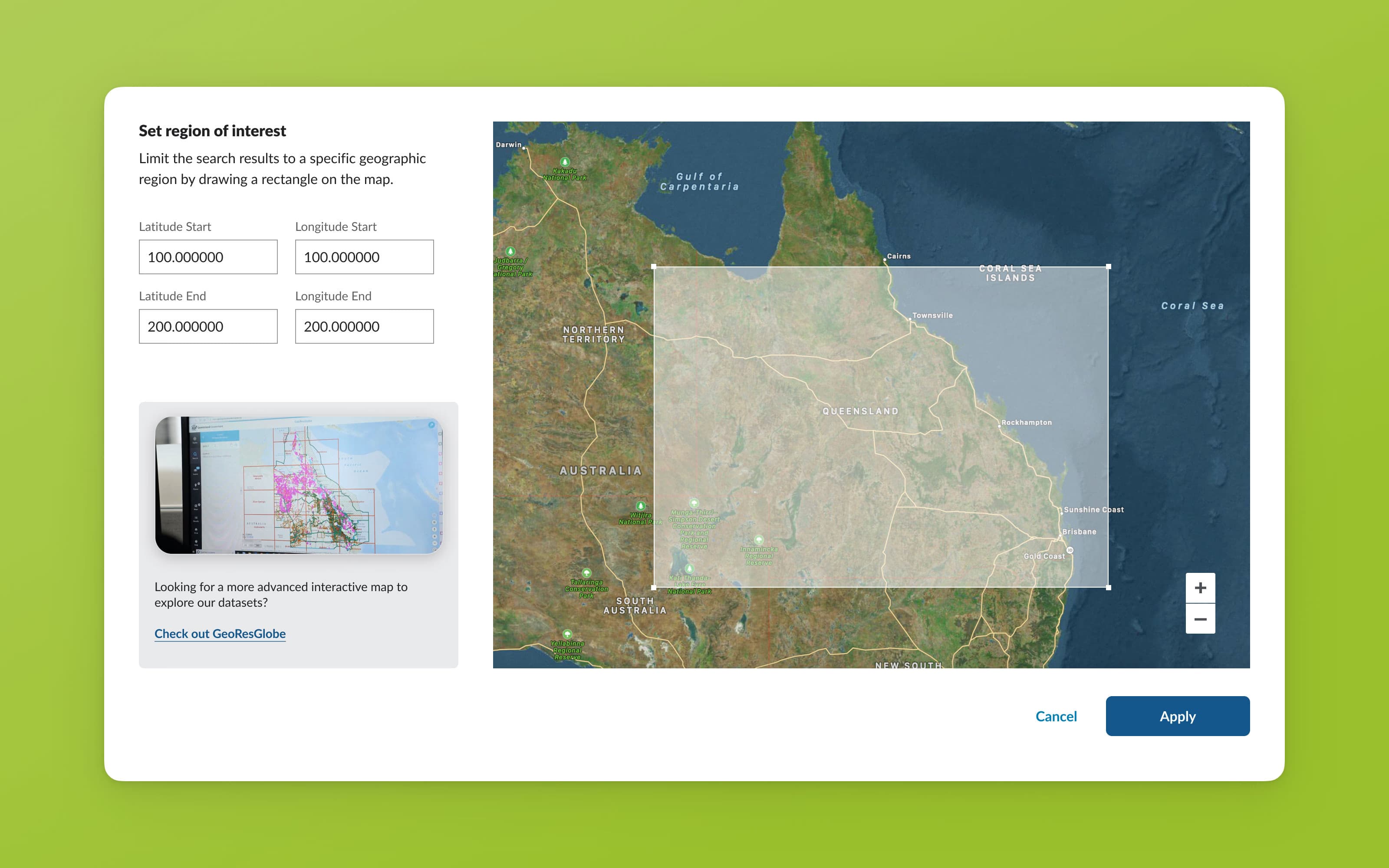 Map-based region selector — allowing users to visually explore datasets by geographic area
