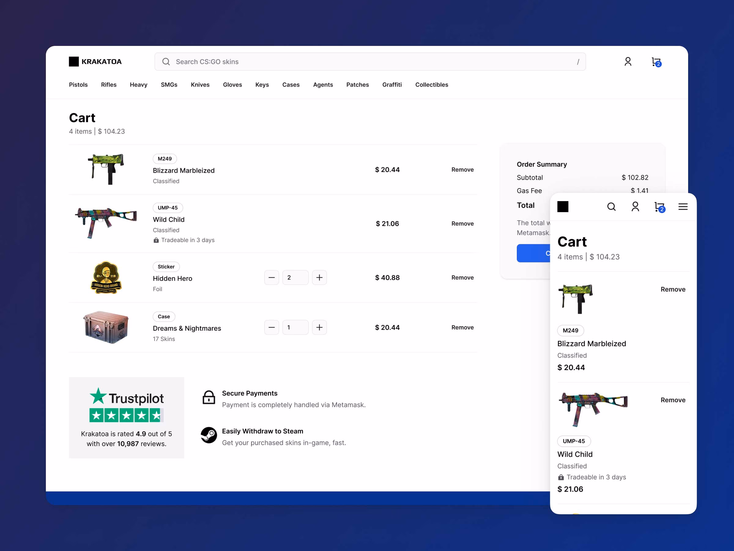 Web3 cart — subtotal, gas fee breakdown, and Metamask checkout