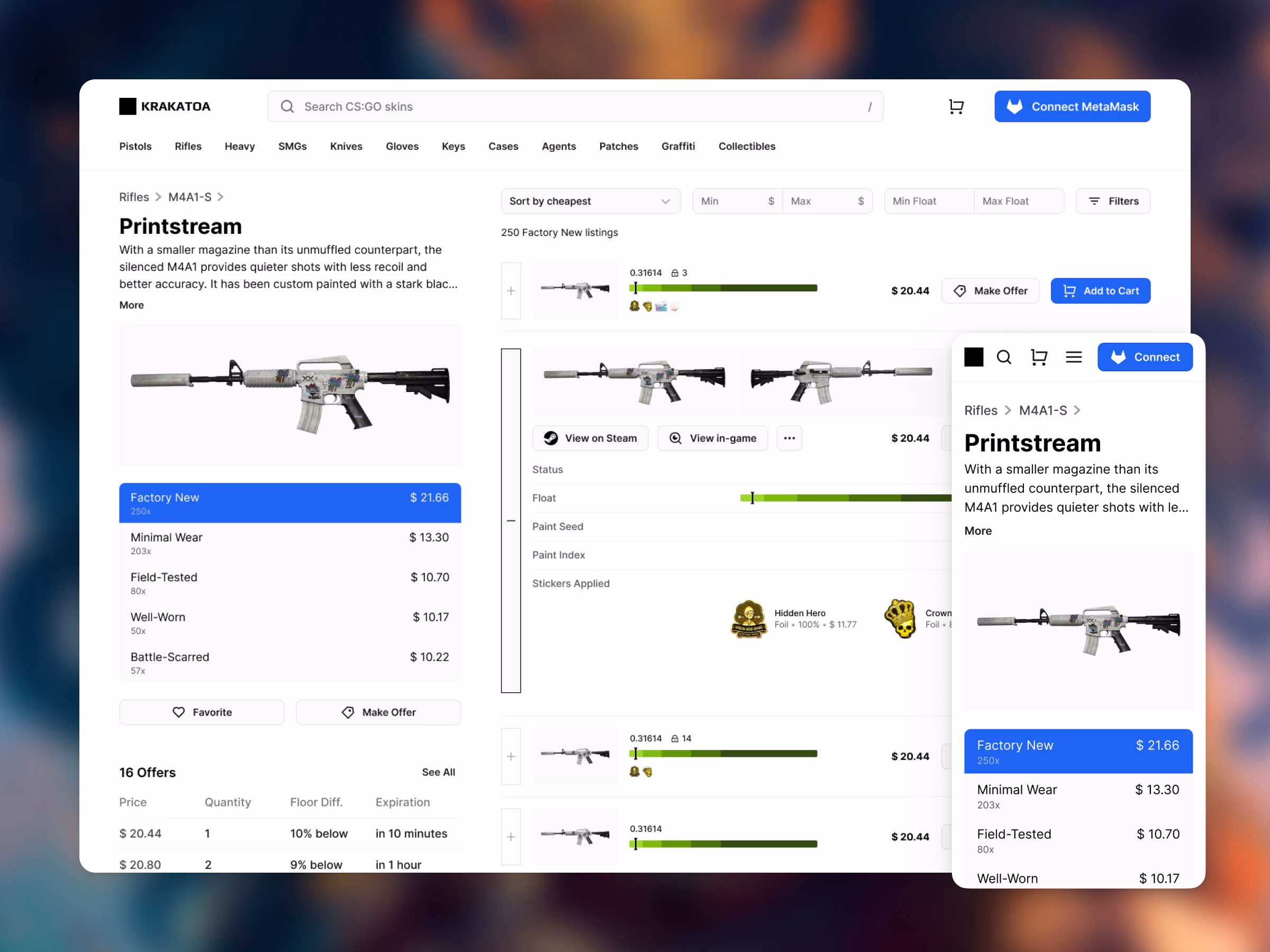 Faceted search with game-specific attributes like float value and paint seed