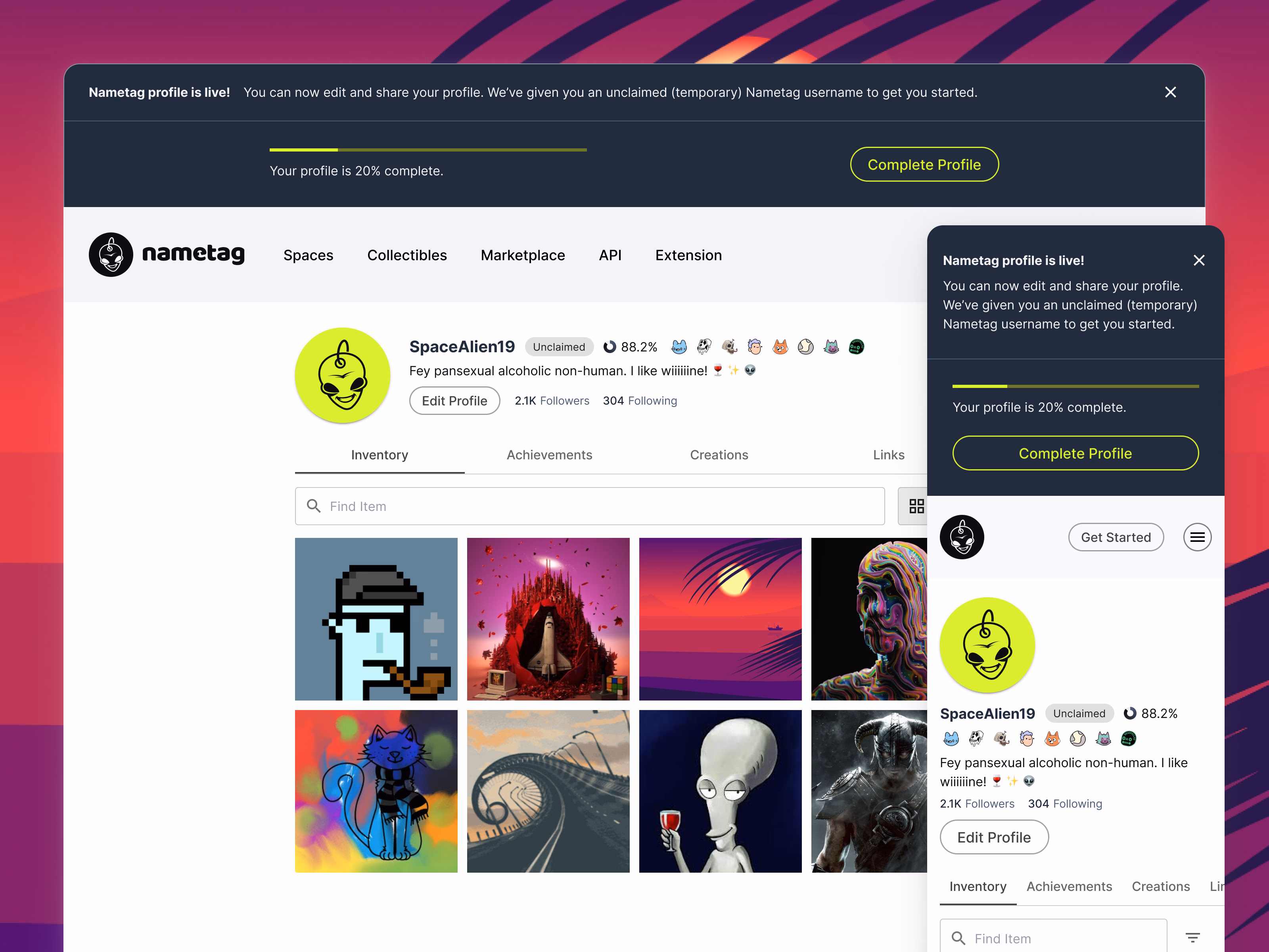 Completed user profile showcasing digital collections