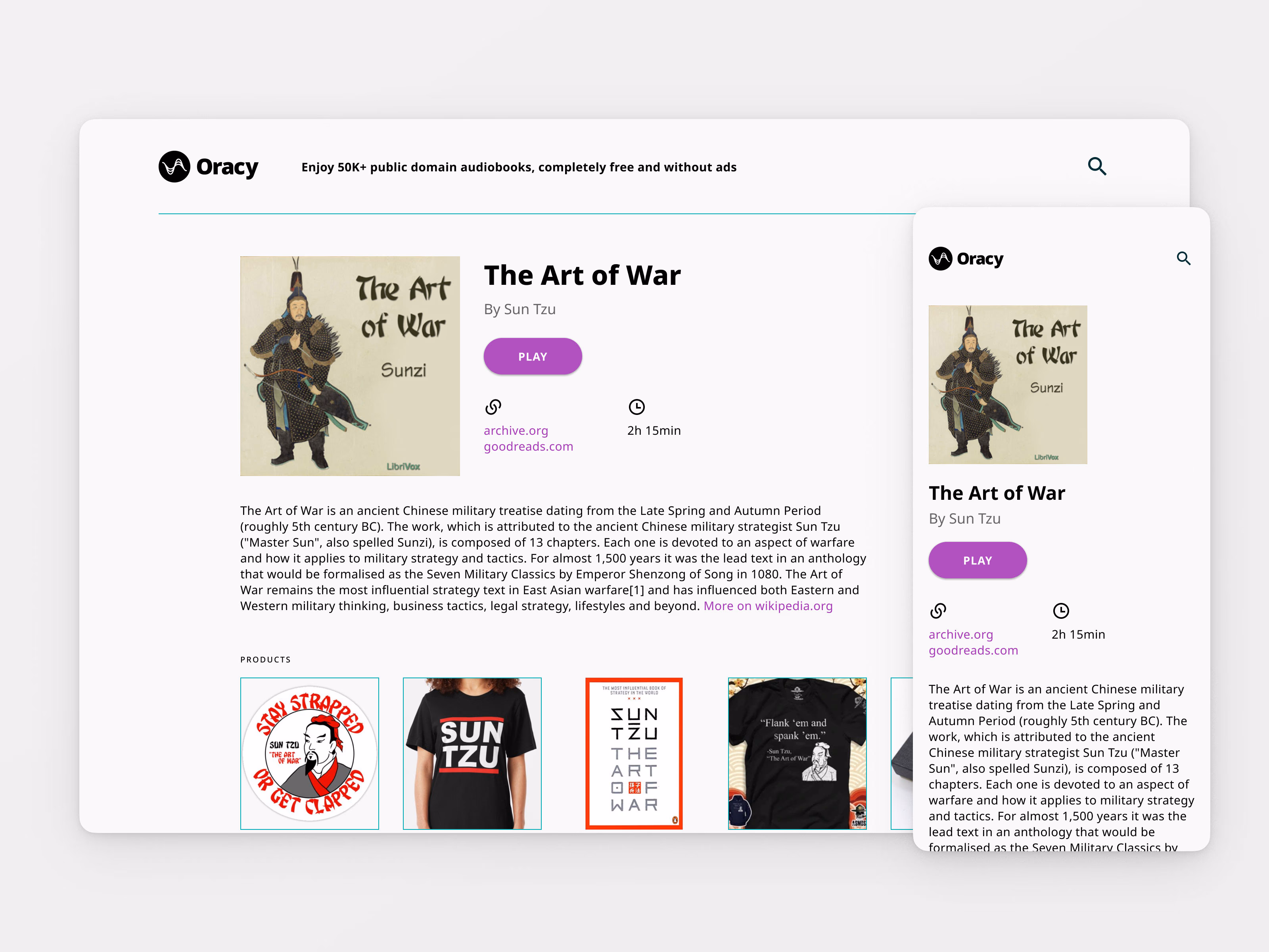 Oracy audiobook view — browsing and playing free public domain books from archive.org