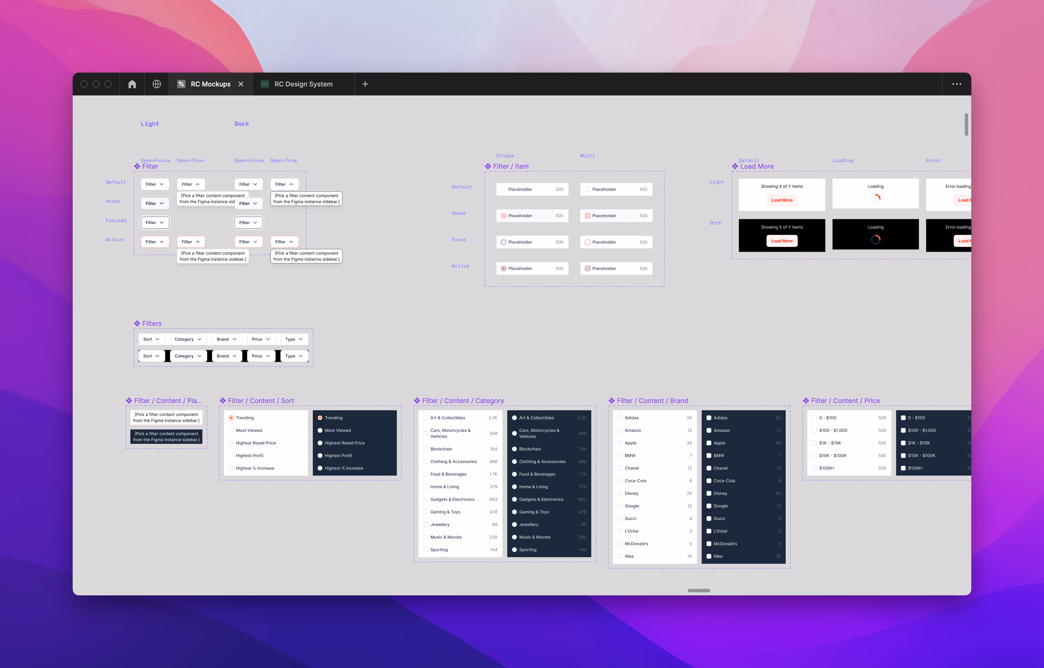 Faceted search filter components
