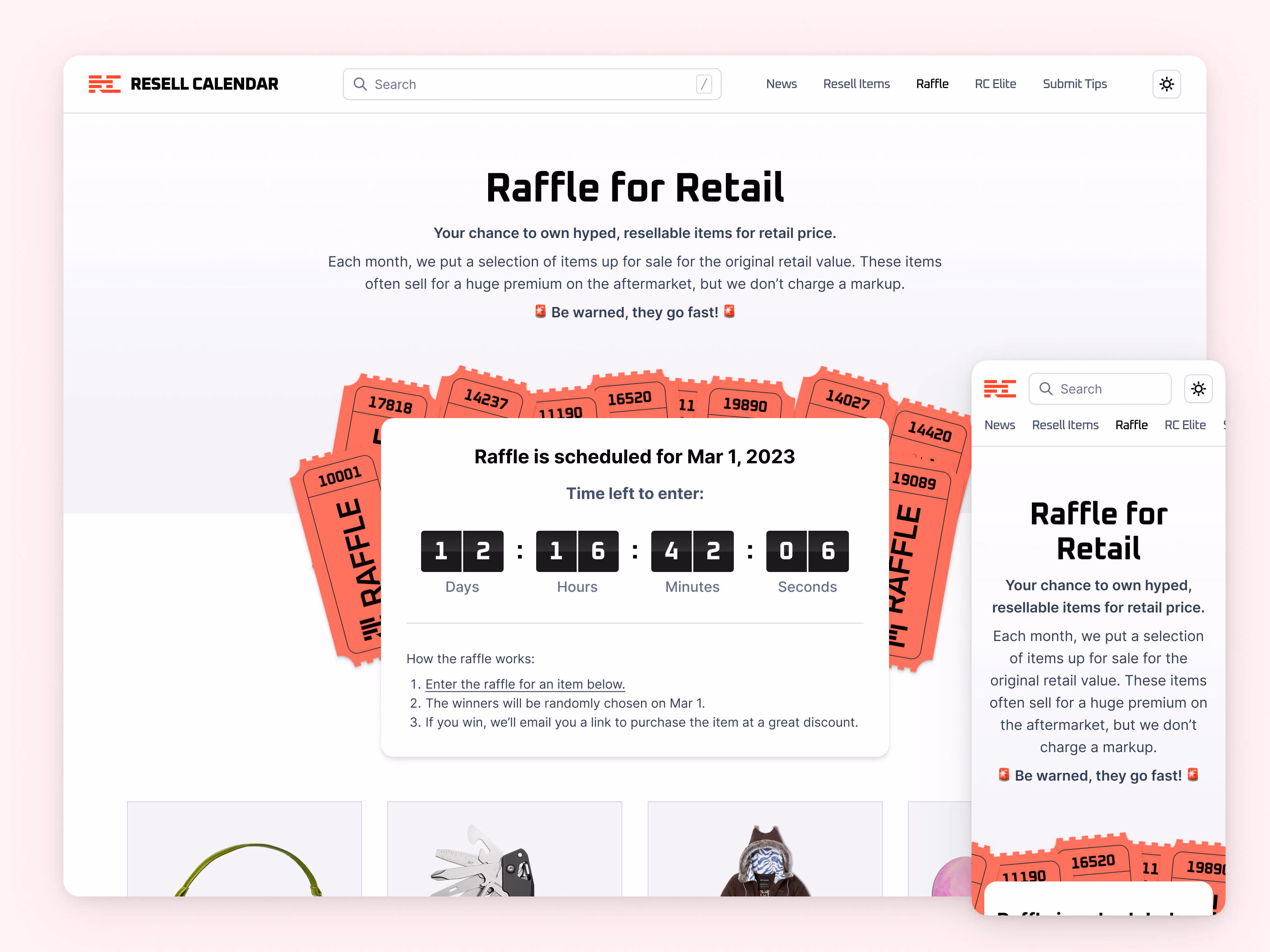 Raffle landing page with active and upcoming raffles