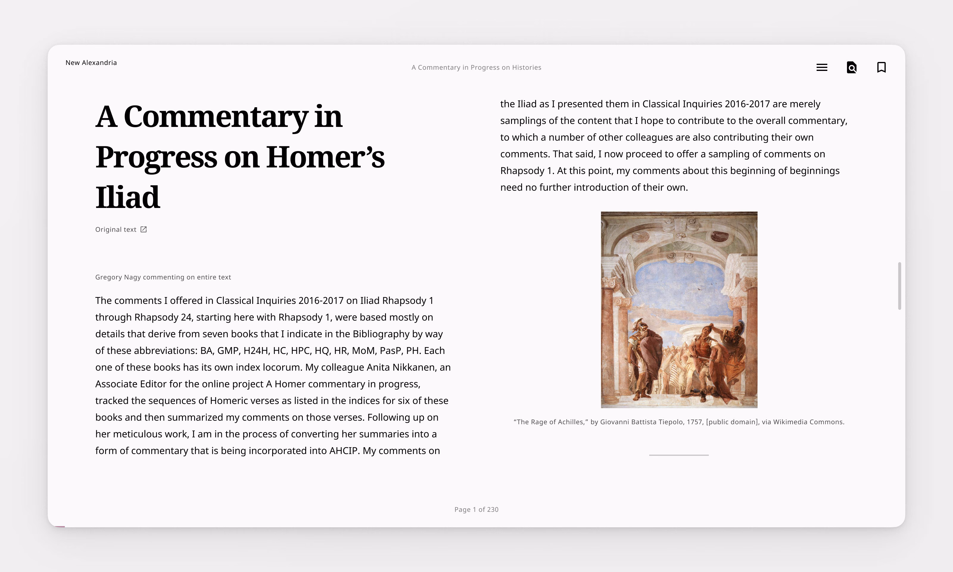 Commentary on Homer's Iliad with side-by-side reading