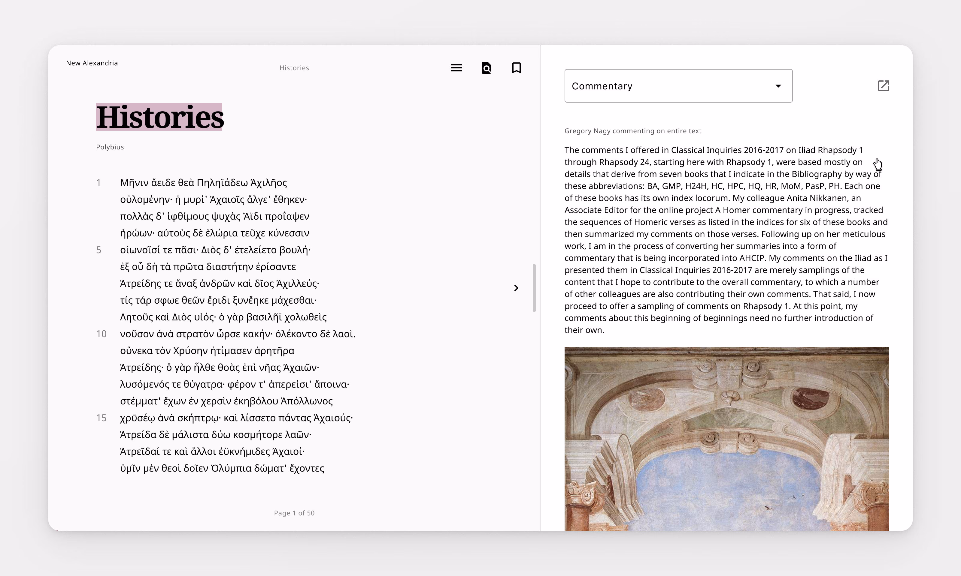 Split view — original text alongside commentary